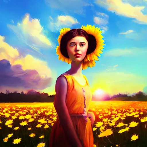 Image similar to girl with a giant daisy head, surreal photography, flower field, sunset dramatic light, impressionist painting, colorful clouds, blue sky, digital painting, artstation, simon stalenhag