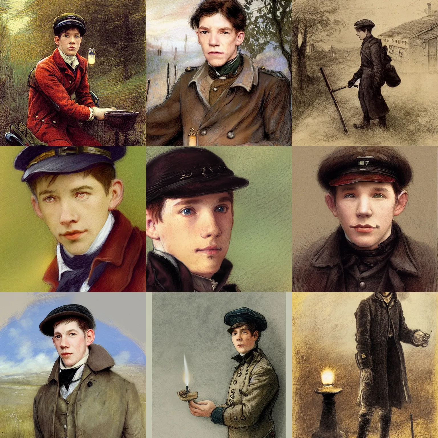 Prompt: young Lee Evans as a sad 19th century postman. detailed, soft focus, candle light, pastel, character concept art by Csók István, John Everett Millais, Henry Meynell Rheam, Munkácsy, Csók István, and da Vinci