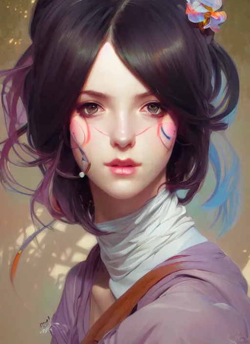 Image similar to portrait of a cute egirl, colorful, elegant, highly detailed, geek, brunette, uwu, digital painting, artstation, concept art, smooth, sharp focus, illustration, art by artgerm and greg rutkowski and alphonse mucha