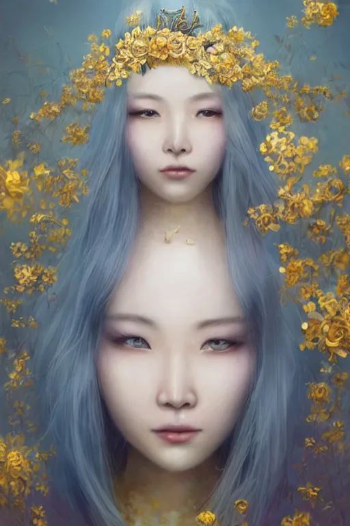 Prompt: a pale Chinese girl with white hair, floral crown, sad blue eyes, cinematic lighting, ultra detailed, highly detailed, sharp focus, golden background with flowers, golden jewellery with blue sapphires, photographic, art by artgerm and greg rutkowski and zdislav beksinski