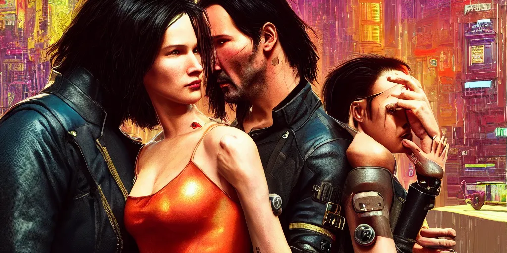 Prompt: a cyberpunk 2077 srcreenshot couple portrait of Keanu Reeves and a female android in final kiss,love,film lighting,by Lawrence Alma-Tadema,Andrei Riabovitchev,Laurie Greasley,Dan Mumford,John Wick,Speed,Replicas,artstation,deviantart,FAN ART,full of color,Digital painting,face enhance,highly detailed,8K,octane,golden ratio,cinematic lighting