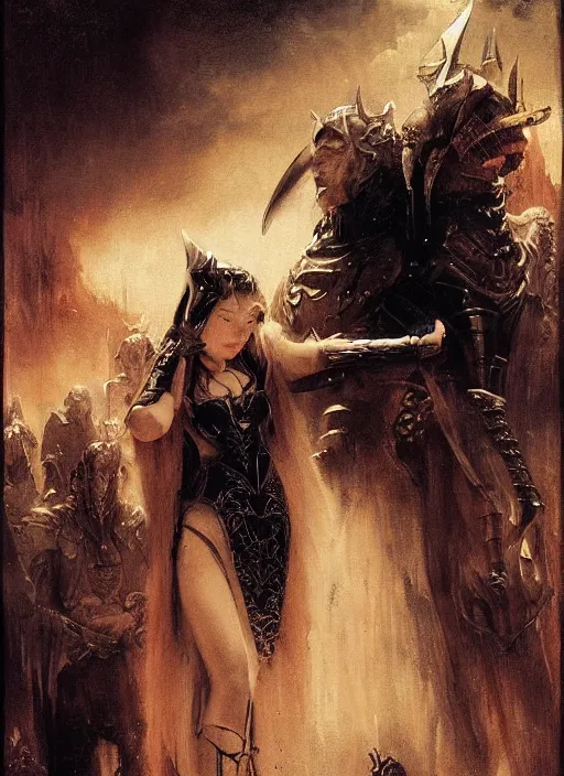 Image similar to young blonde vampire girl with long fangs wearing black medieval armour, by gaston bussiere, bayard wu, greg rutkowski, giger, maxim verehin, greg rutkowski, masterpiece, sharp focus, cinematic lightning