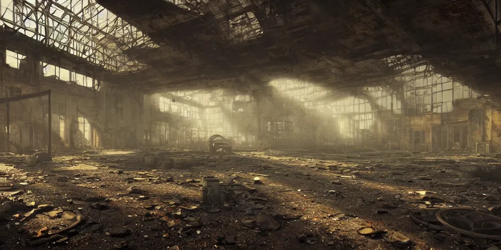 Image similar to fallout 5, indoors dilapidated partially ruined factory interior, rusted machinery, atmospheric lighting, painted, intricate, volumetric lighting, beautiful, daytime, sunny weather, slight overcast, golden hour, sharp focus, deep colours, ultra detailed, by leesha hannigan, ross tran, thierry doizon, kai carpenter, ignacio fernandez rios