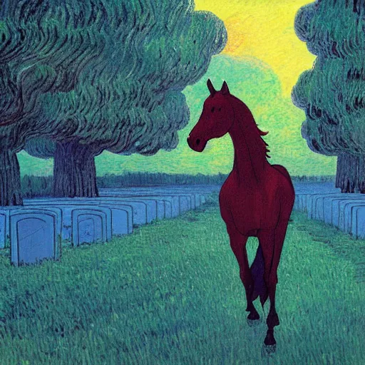 Image similar to sad ominous painting of a horse in a cemetery at dusk, in the style of studio ghibli and moebius and claude monet and vincent van gogh