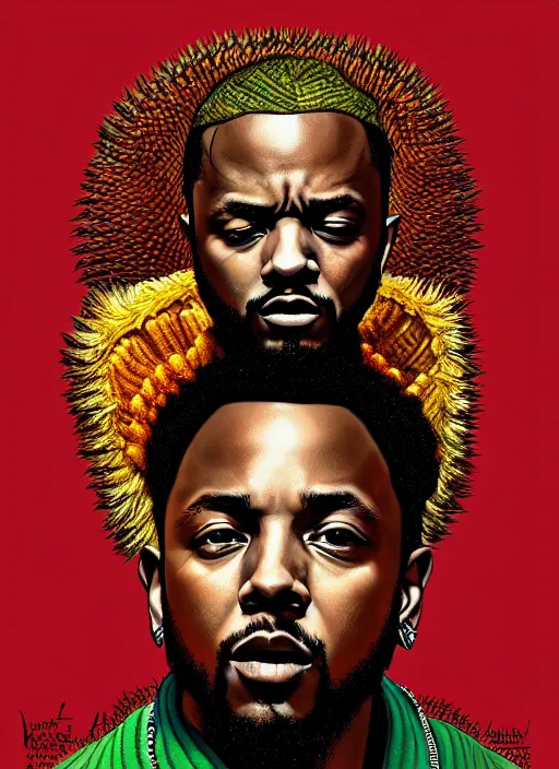 Image similar to : kendrick lamar,, intricate, sharp focus, illustration, highly detailed, digital painting, concept art, jahbu art and paul lewin and kehinde wiley, masterpiece