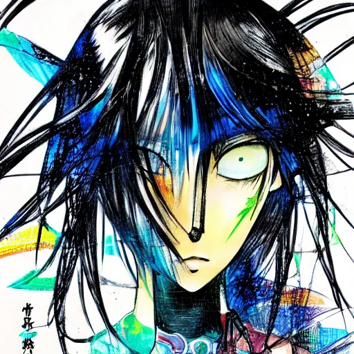 Image similar to portait of a manga girl with abstract background in the style of yoshitaka amano