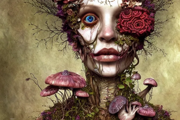 Image similar to beautiful and detailed rotten woman corpse with fractal plants and fractal flowers and mushrooms growing around, face muscles, veins, arteries, intricate, ornate, surreal, ray caesar, john constable, guy denning, dan hillier