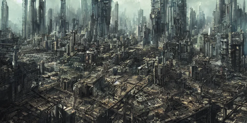 Prompt: slums below a megastructure city, megacity, sci-fi, matte painting, concept art, hyper realistic, intricate details, hyperrealism, style by dylan cole