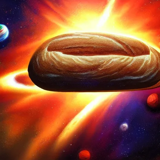 Image similar to loaf of bread in space, stylish painting, dramatic, bread, milky way galaxy, artstation award, concept art