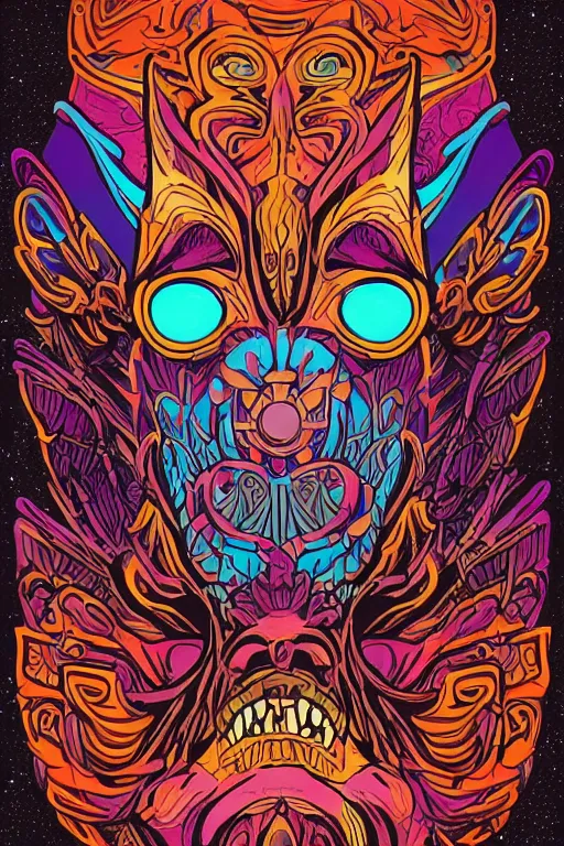 Image similar to animal mask totem roots flower tribal feather gemstone plant wood rock shaman vodoo video game vector cutout illustration vivid multicolor borderlands comics by josan gonzales and dan mumford radiating a glowing aura