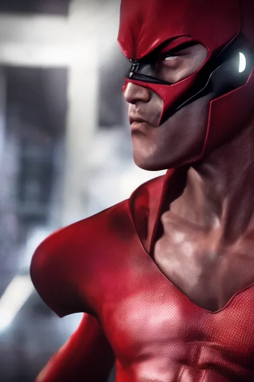 Image similar to A still of Bruce Lee as the Red Hood in The Batman 2022, close-up, sigma male, rule of thirds, award winning photo, unreal engine, studio lighting, highly detailed features, Gotham setting