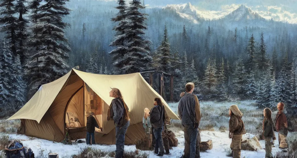 Image similar to cabela's beautiful comfortable modular insulated wall kit - house all weather family dwelling tent house, person in foreground, mountainous forested wilderness open fields, beautiful views, painterly concept art, joanna gaines, environmental concept art, farmhouse, magnolia, concept art illustration, by james gurney, by craig mullins, by greg rutkowski trending on artstation