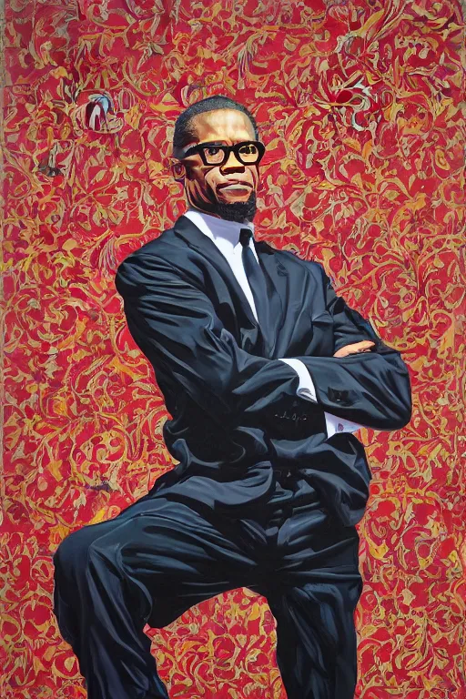 Image similar to Malcolm x, portrait by Kehinde Wiley!!, oil paint on canvas, brushstrokes,