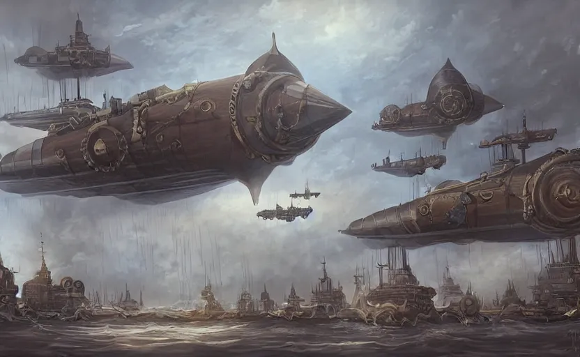 Prompt: Steampunk of a Fleet Airships before battle, Fantasy and concept art, digital painting