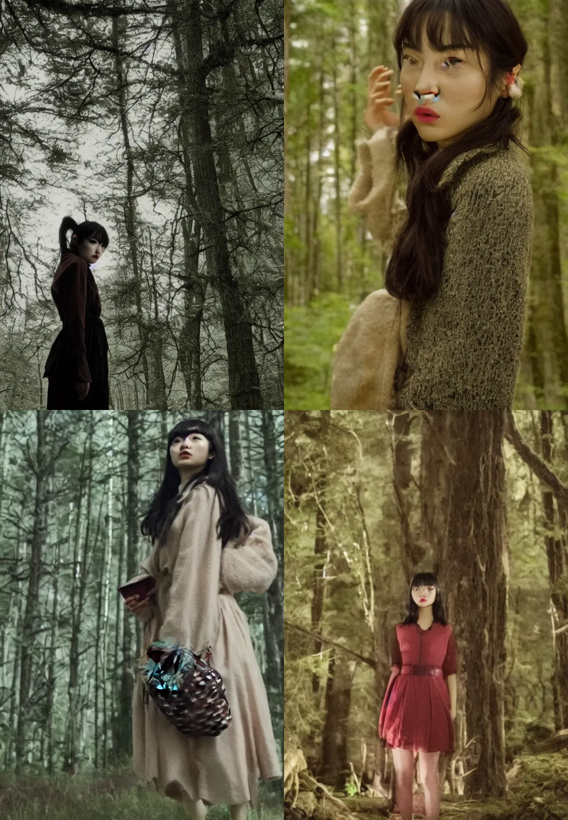 Prompt: film still of nana komatsu spotting an owl in a dark forest in the style of twin peaks, directed by david lynch, night, multiple exposure