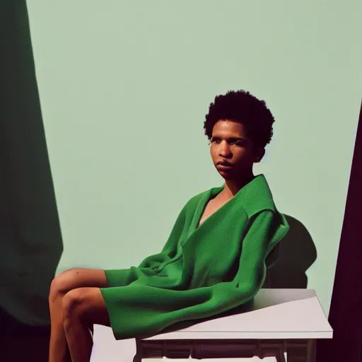 Prompt: realistic photoshooting for a new balenciaga lookbook, color film photography, portrait of a beautiful woman, set design by wes anderson, in style of Tyler Mitchell, 35mm,