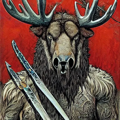 Image similar to hairy barbarian with moose head by gerald brom and ed fairburn