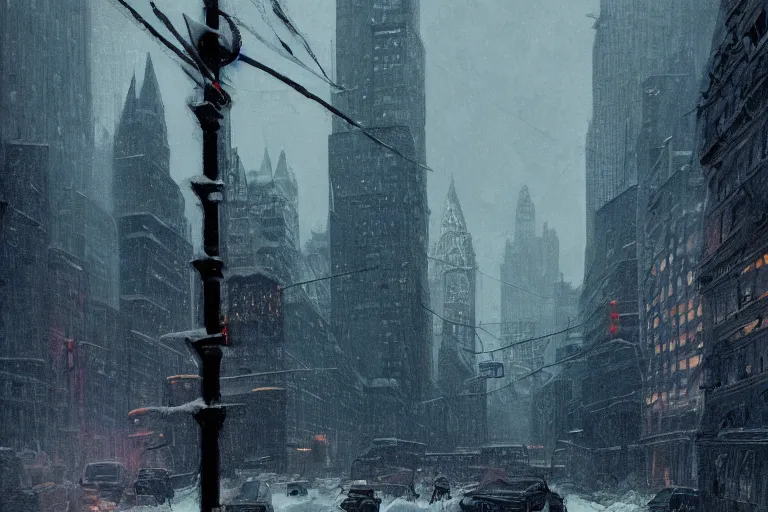 Prompt: New York city enveloped in ice, winter season, moody scene, highly detailed, intricate, sharp details, dystopian mood, 1950 scene by Victo ngai, David Rubín, Mike Mignola, Laurie Greasley ,gaston bussiere, craig mullins, somber lighting, drawn by Giacomo Burattini, inspired by graphic novel cover art, hyperrealistic, 8k by RHADS