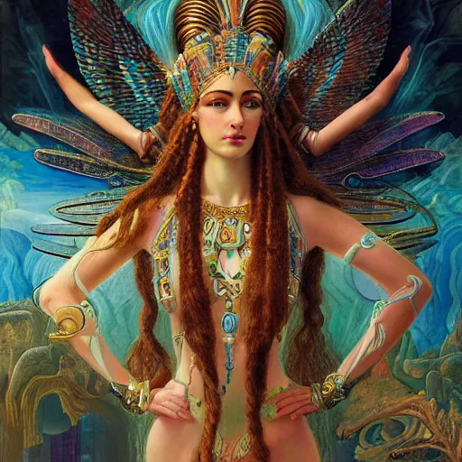 Image similar to artstation, intricate details, hyper details, by gaston bussiere and sandro botticelli, tan skin sumerian goddess inanna, lady of elche, egyptian sumerian features, techno mystic dominatrix goddess intergalactica, inanna with aqua neon rapunzel dreadlocks,