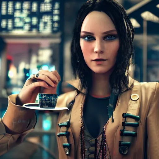 Image similar to a high quality portrait of a beautiful female pirate in a cyberpunk cafe realism 8k