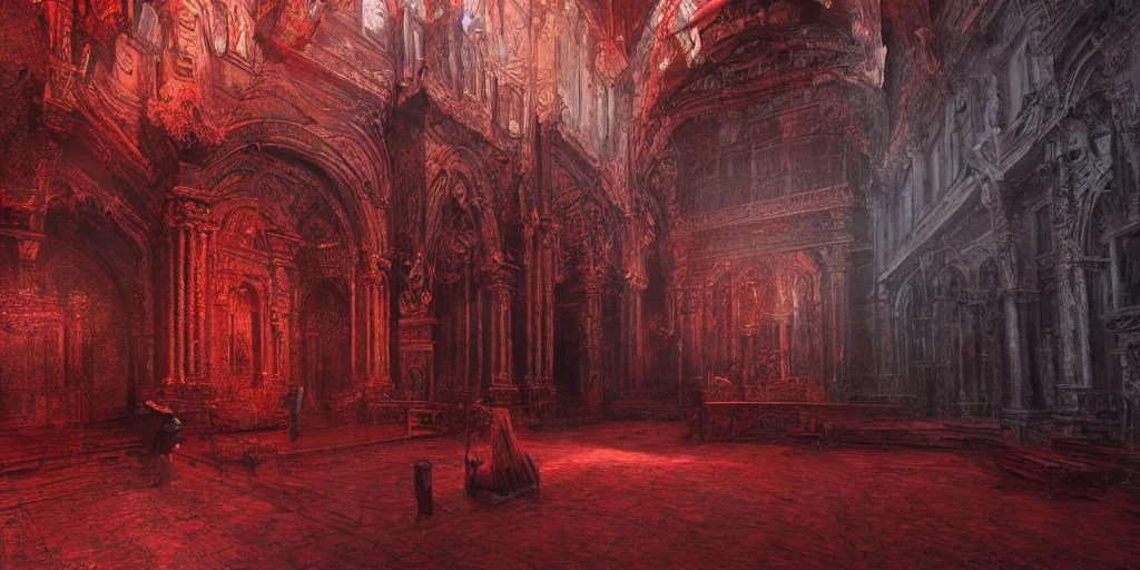 Prompt: a hyper intricate oil portrait red church interior, excellent composition, wide shot, by zdzislaw beksinski, intricate, horror atmosphere, unreal engine 5 highly rendered, global illumination