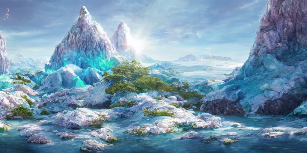 Image similar to a salt covered island surrounded by colourful rugged crystal quartz mountains, illustration, bright sunlight, sun glints, sunrays, digital art, hyperrealistic, oil painting, fantasy, 8 k, trending on artstation, detailed