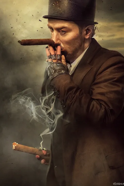 Prompt: a epic portait of a man wearing a dark formal overcoat and smoking a cigar with a battlefield in the background, portait photo, hyperrealistic, concept art, digital art, high quality, highly detailed, fantasy style, dramatic lighting, 8k hdr, oil painting, epic image, path tracing, badass pose, complementary colors, realistic face, defined face