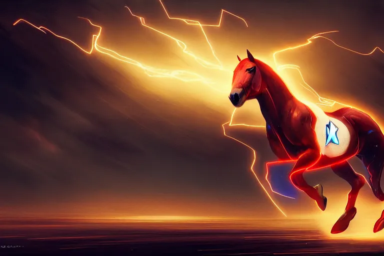 Image similar to a stunning digital painting of a horse as the flash in spandex costume, running in the speedforce by greg rutkowski, volumetric light, digital art, fine detail, photorealistic