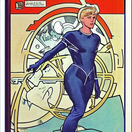 Image similar to a stoic heroic butch tomboy blonde emotionless woman, with very short slicked - back hair. she is dressed as an astronaut. well composed, clean elegant painting, beautiful detailed face. comic book art by steve ditko and jack kirby and ( alphonse mucha )