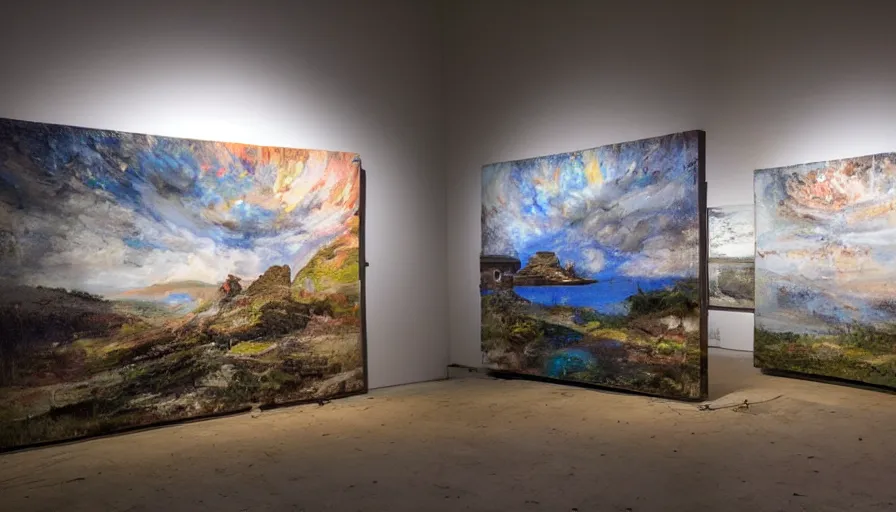 Prompt: photos of landscapes, in a decrepit art gallery, painted on by robots! dramatic lighting