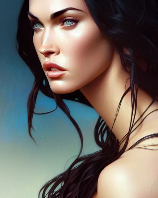 Prompt: portrait of megan fox with sultry face expression, intricate, headshot, highly detailed, digital painting, artstation, concept art, sharp focus, cinematic lighting, illustration, art by artgerm and greg rutkowski, alphonse mucha, cgsociety