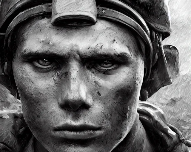 Image similar to A soldier in despair in a world war 1 trench, close-up, realistic face, beautiful face detail, mature facial features, black and white, amazing digital art, hyper detailed, artstation, in the style of Tony Sart