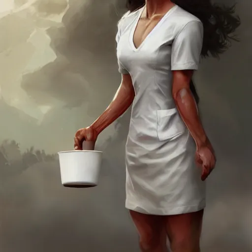 Prompt: an nurse in a white dress and short sleeves holding coffee, muscular, goddess, beautiful, sweaty skin, wet flowing red hair, glasses, artstation, matte painting, made by greg rutkowski, concept art, epic portrait, 8 k, insanely detailed,