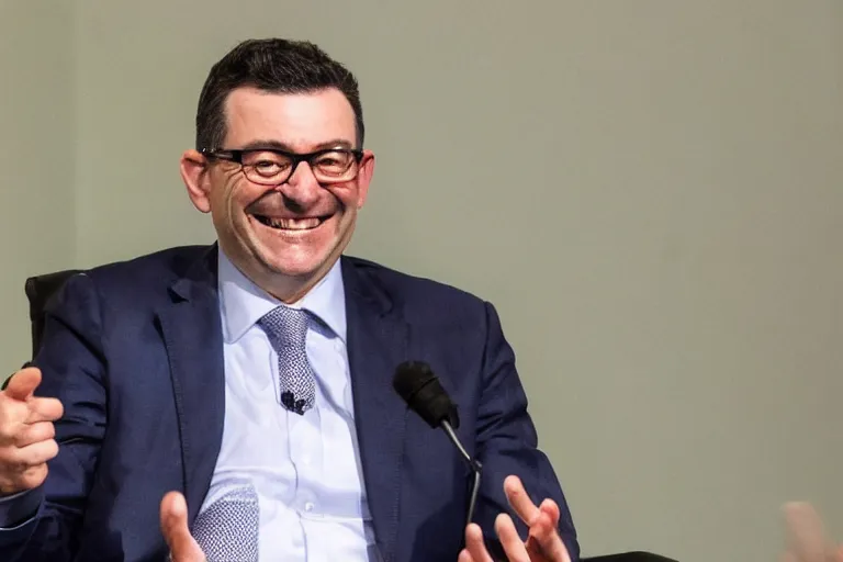 Image similar to Premier Daniel Andrews smiles as Melbourne city burns to the ground