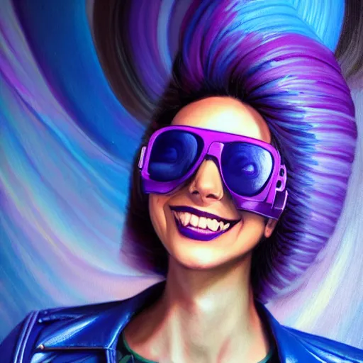 Prompt: closeup painting of a very beautiful young mexican cyberpunk woman with a smile, wearing light blue shutter shades, and a purple coloured leather jacket, one side haircut, long brown hair with light blue ends, portrait, hyperdetailed, artstation, cgsociety, synthwave by tangerine dream, by jean - michel jarre, by vangelis, by john carpenter