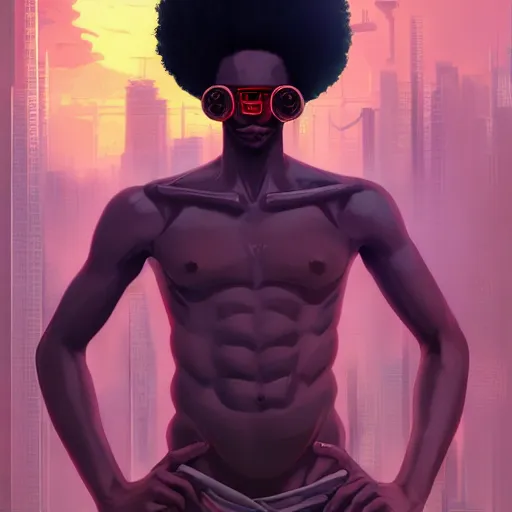 Image similar to afro - cyberpunk man manifesting dreams with ancestral magic in a modern world | hyperrealistic oil painting | by makoto shinkai, ilya kuvshinov, lois van baarle, rossdraws, basquiat | afrofuturism, in the style of surrealism, trending on artstation | dark color scheme