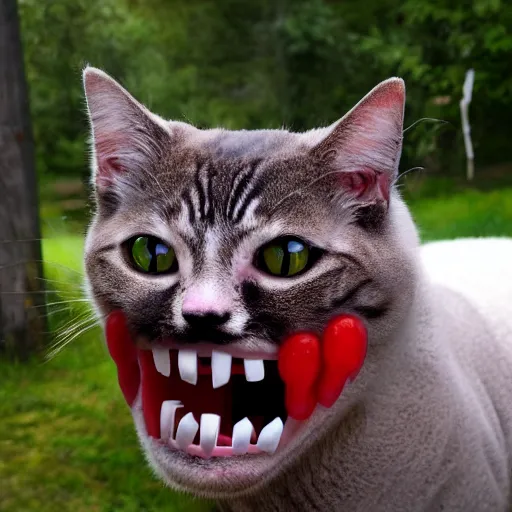 Prompt: a realistic creepy cat with a big realistic smiley mouth, sheep teeths, detailled, and realistic blood on his face.