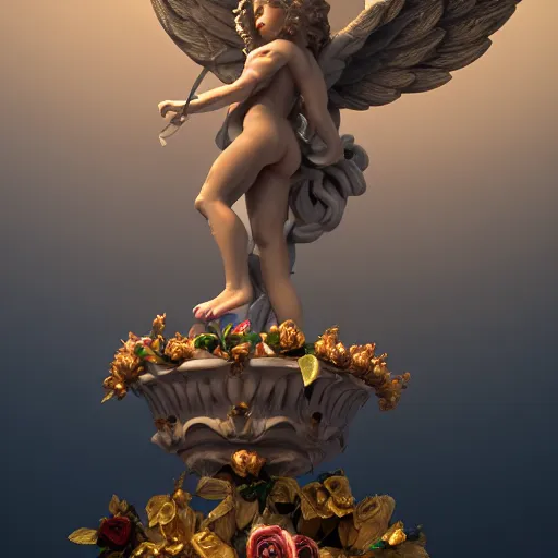 Prompt: fully body image of baroque style ornate warrio angel standing in bed of roses surounded by fire and smoke, moody rim light, dynamic lighting, cinematic shot, ultra detail, renderman, physically based render