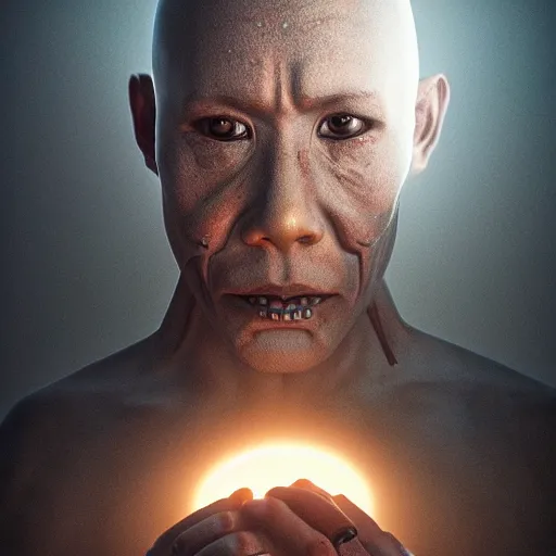 Image similar to Half cyborg half monk discovering enlightenment, dark atmosphere, 8k, cinematic lighting, symmetry, elegant, ornate, hyper realistic, zen