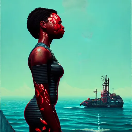 Image similar to portrait of a black woman :: side profile :: blood :: background sea :: intricate details :: oxygen implant :: 8k :: simon stalenhag and Sandra Chevrier