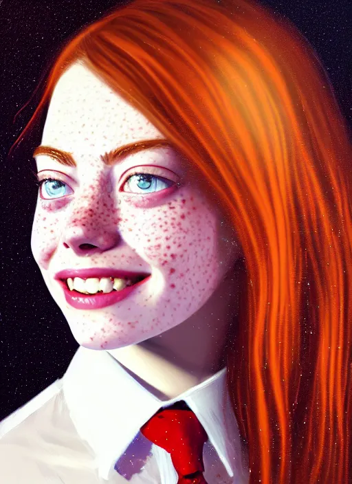 Image similar to portrait of teenage emma stone, freckles, long flowing ginger hair, white shirt and red tie, smiling kindly, friendly, 1 9 8 0 s, intricate, elegant, glowing lights, highly detailed, digital painting, artstation, concept art, smooth, sharp focus, illustration, art by wlop, mars ravelo and greg rutkowski