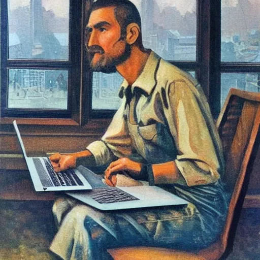 Image similar to detailed intricate soviet realism painting of webdesigner with laptop, heroic, beautiful, by sergei gerasimov