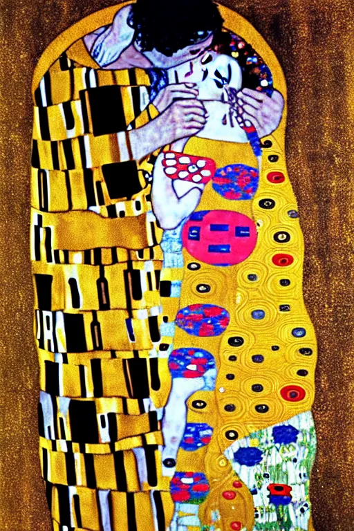 Prompt: gustav klimt the kiss with kissed Nicolas Cage face