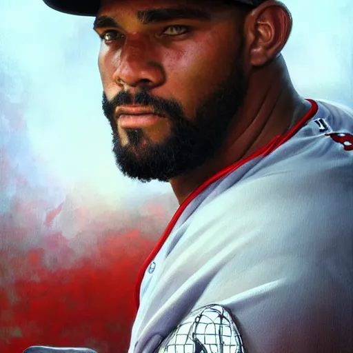 Image similar to portrait painting of boston red sox baseball player, unshaven, strong, ultra realistic, concept art, intricate details, serious, highly detailed, photorealistic, octane render, 8 k, unreal engine. art by artgerm and greg rutkowski and alphonse mucha