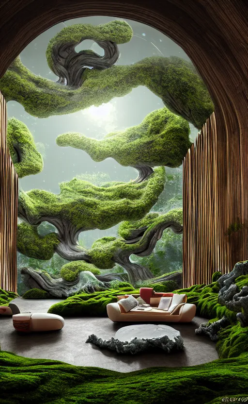Prompt: highly detailed sharp villa interior cinematic composition of biophilic ceramic porcelain magnolia stone daisies nebula fluid sci - fi surreal colorful architecture landscape, furniture, granite, trees, marble, moss, lichen, fungi, vincent callebaut composition, mamou - mani, cinematic morning light, 8 k, unreal engine, hdr