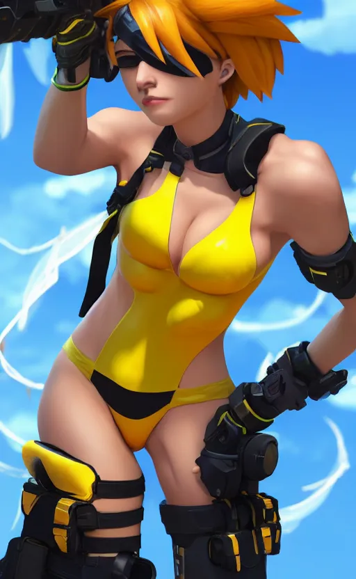Image similar to tracer game character, in yellow bikini, blonde hair, black eyes, full height