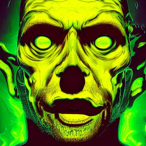 Image similar to portrait of nukeface, his face melting with radioactivity, nuclear glow, dark night in the swamps, hyper realistic, artstation