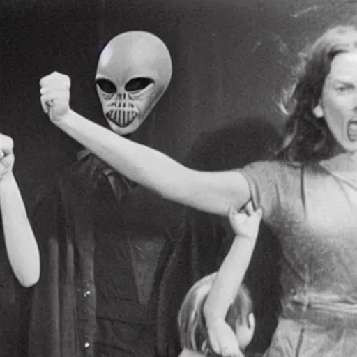 Image similar to Photo, A woman stand next to an alien, The woman raises her fist in the air, threatening the alien. The alien is in pain.