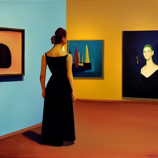 Image similar to a gorgeous woman with a black dress waiting inside a 9 0 s art gallery exhibition, colors americana, cinematic, volumetric lighting, ultra wide angle view, realistic, detailed painting in the style of edward hopper