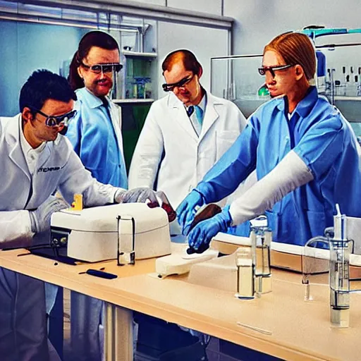 Prompt: “scientists in a bright bio lab working at a bench, photorealistic”